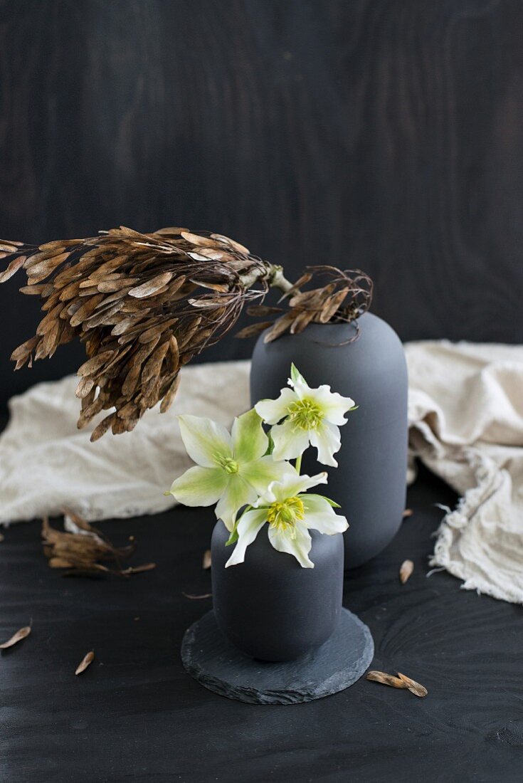 weiße Christrosen in grauer Vase