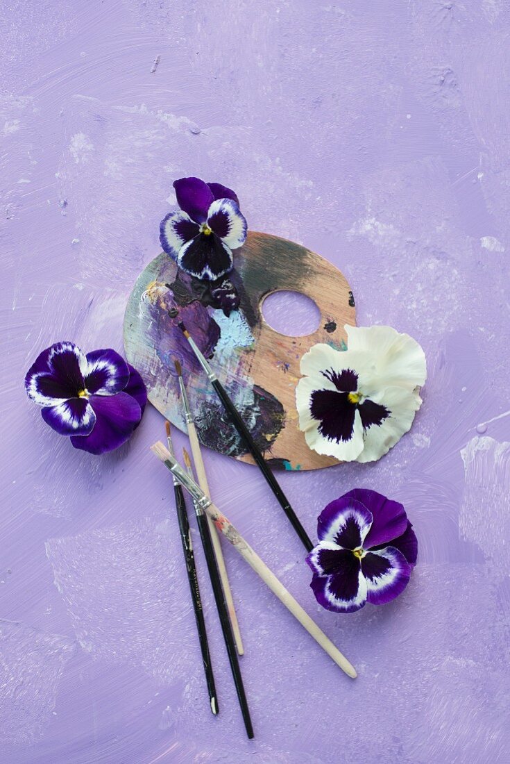 Stiefmütterchenblüten auf einer Malerpalette mit Pinseln