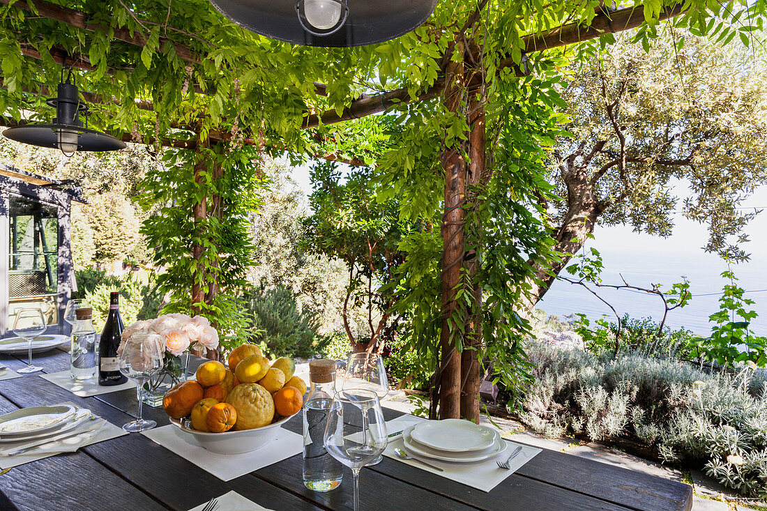 Table with citrus fruit under green pergola, with view of the sea
