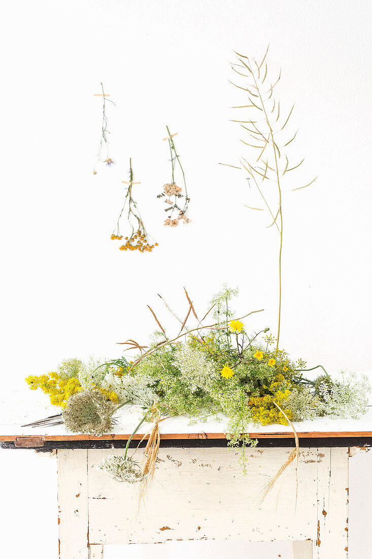 Various wild flowers on table and on wall