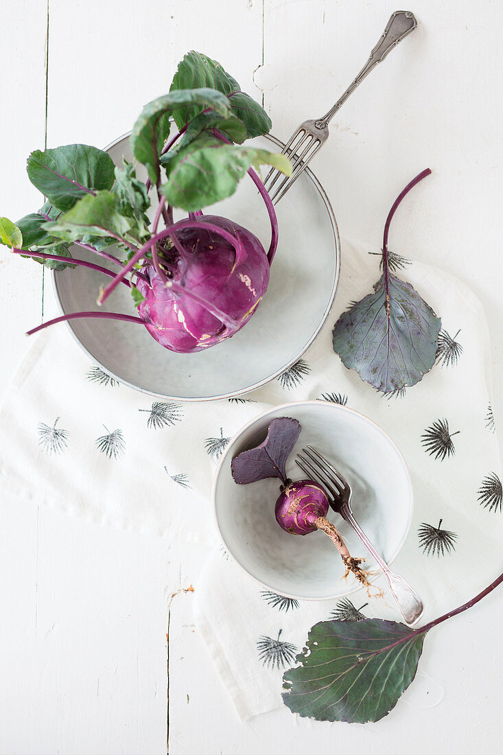 Schale und Teller mit violettem Kohlrabi auf bedrucktem Tuch