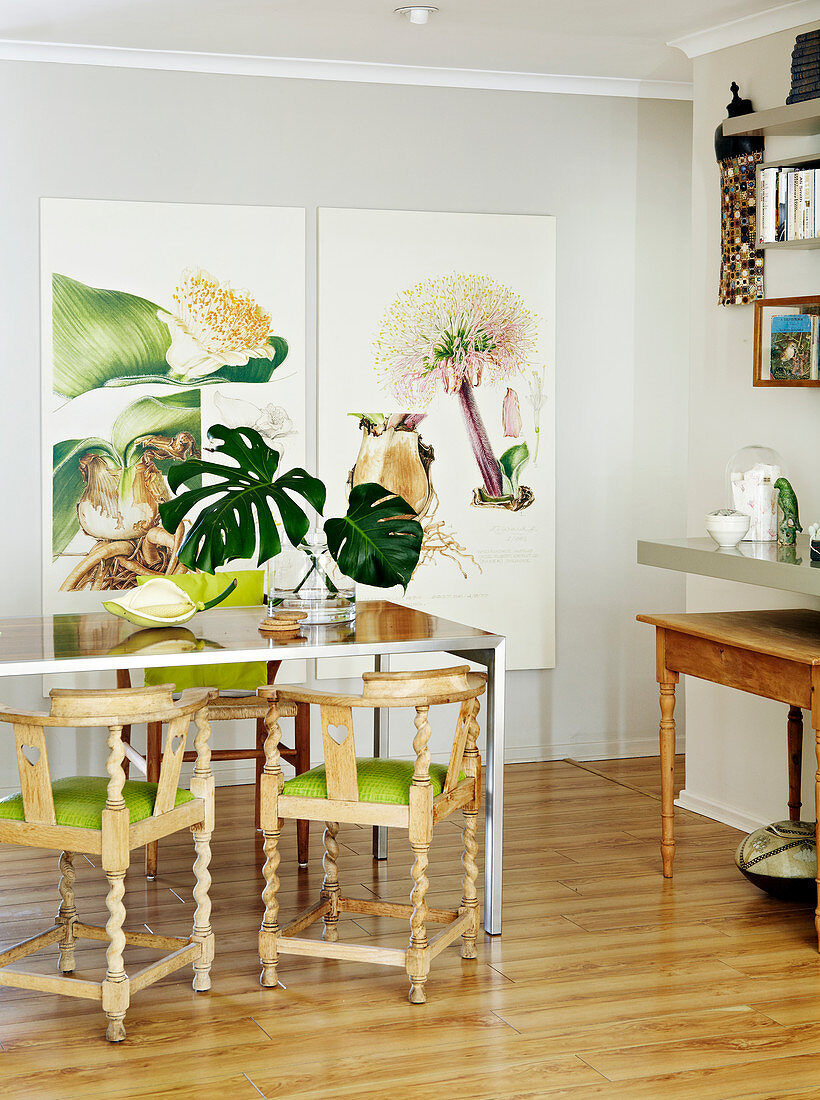 Gedrechselte Holzstühle mit grünem Sitzpolster um Esstisch vor grossformatigen Bildern mit botanischen Motiven