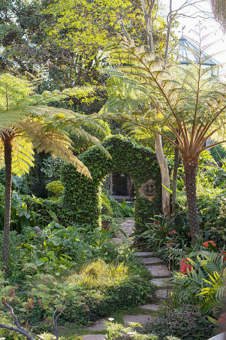 Weg durch ein bewachsenes Tor im exotischen Garten