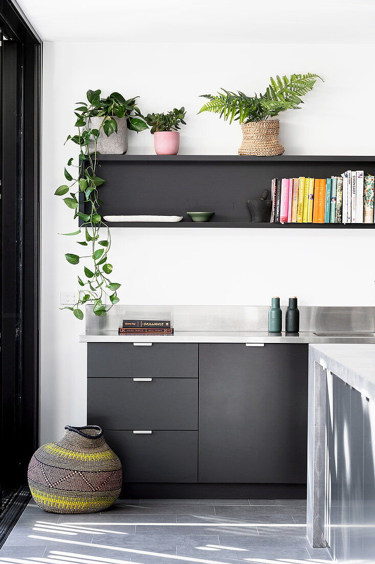 Zimmerpflanzen auf dem Wandregal über der Küchenzeile in Schwarz