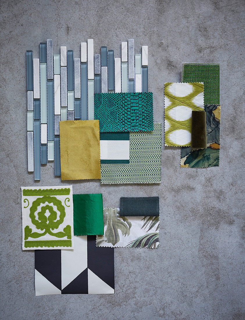 Mood board of various materials in shades of green