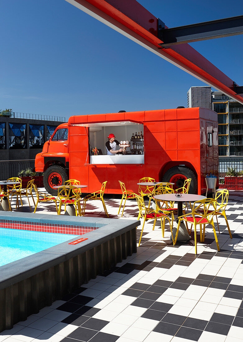 Pool and food truck on roof terrace