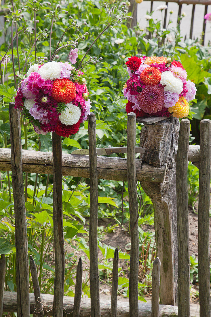 DIY-Rosenkugel aus Dahlien, Phlox und Stockrosen am Gartenzaun