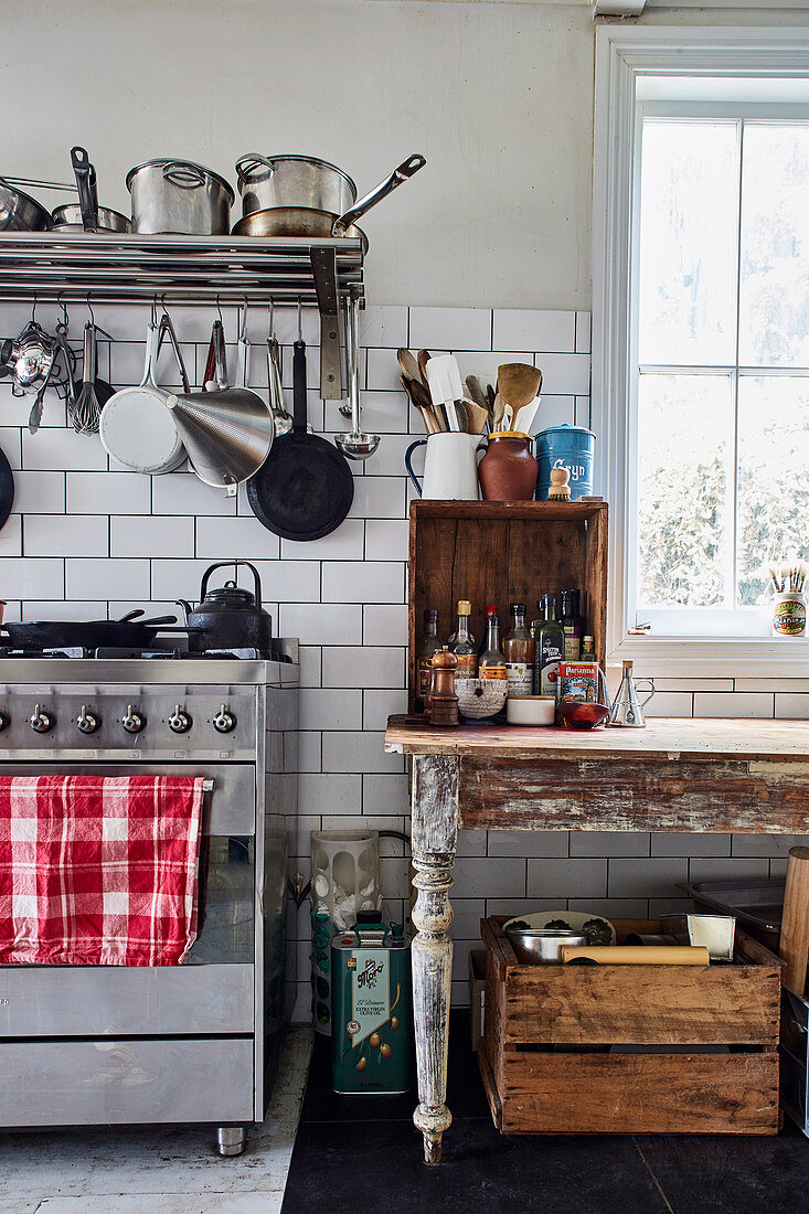 Stove and vintage table in country kitchen