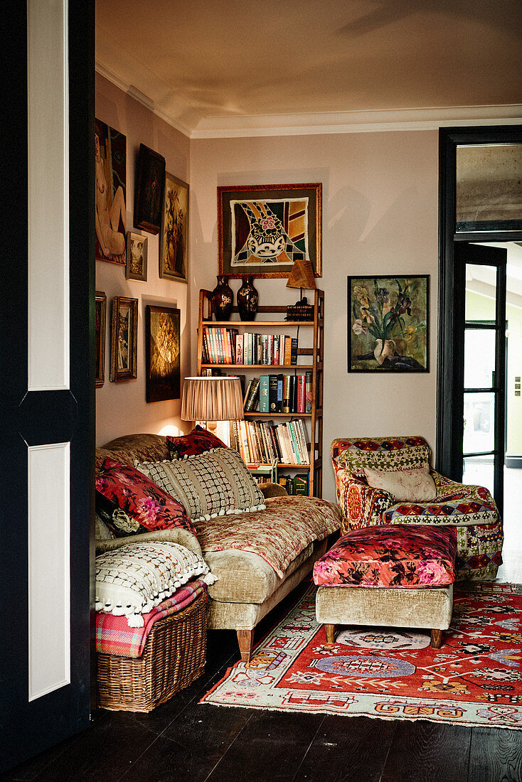 Various patterned textiles in cosy living room