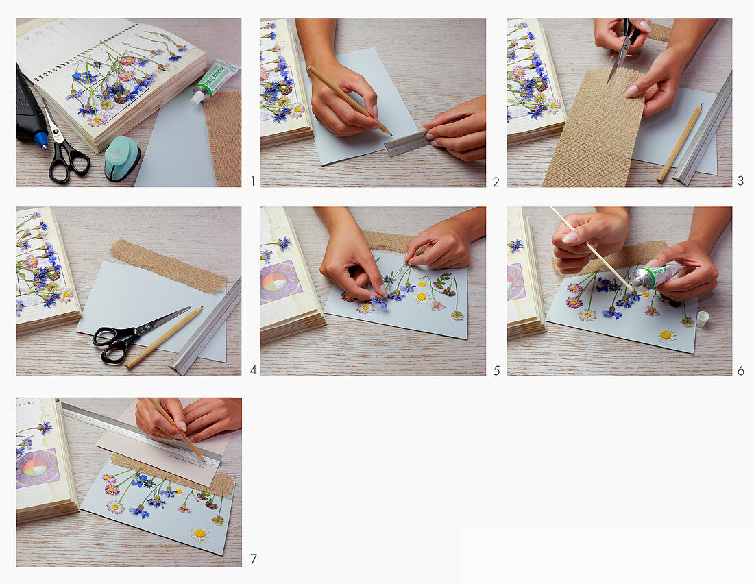 Instructions for decorating postcard with pressed flowers and hessian