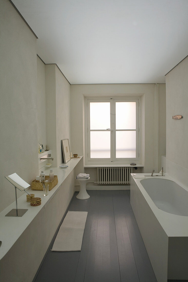 Long narrow bathroom with bathtub in period building