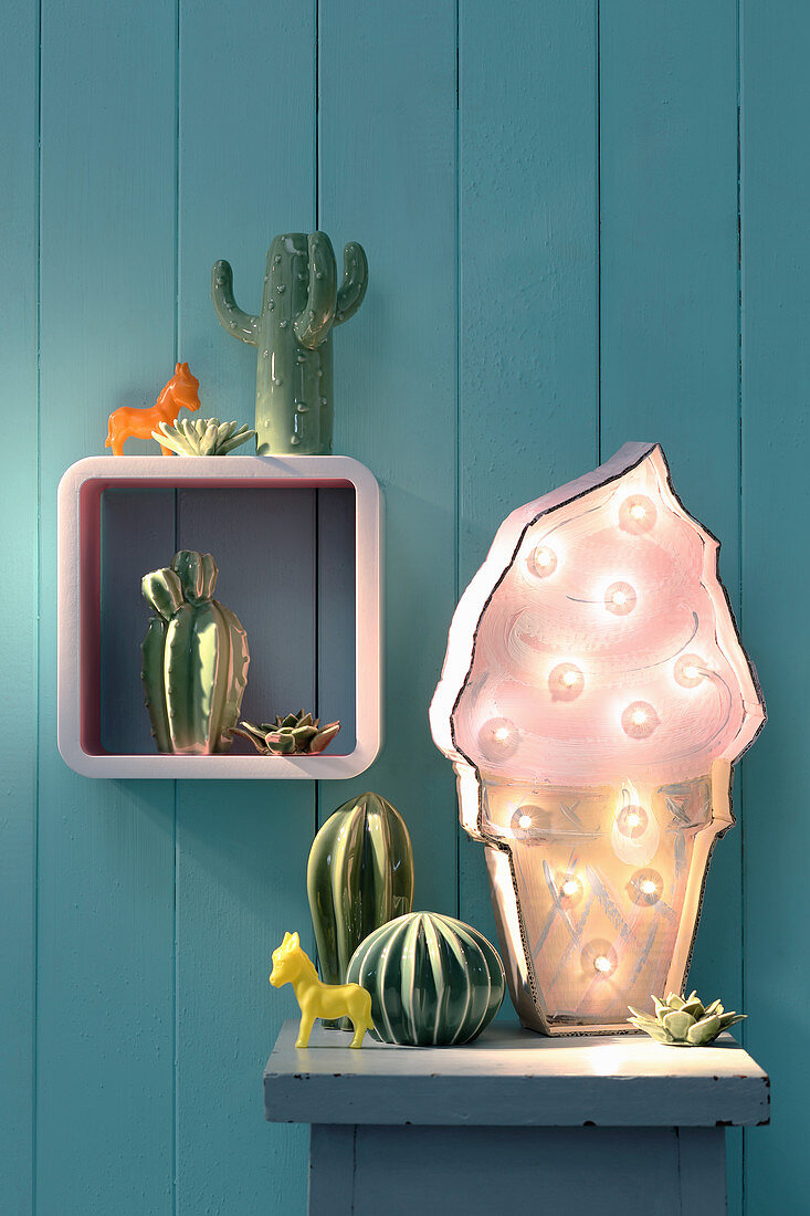 Hand-made lamp in shape of ice-cream cone and cactus ornaments
