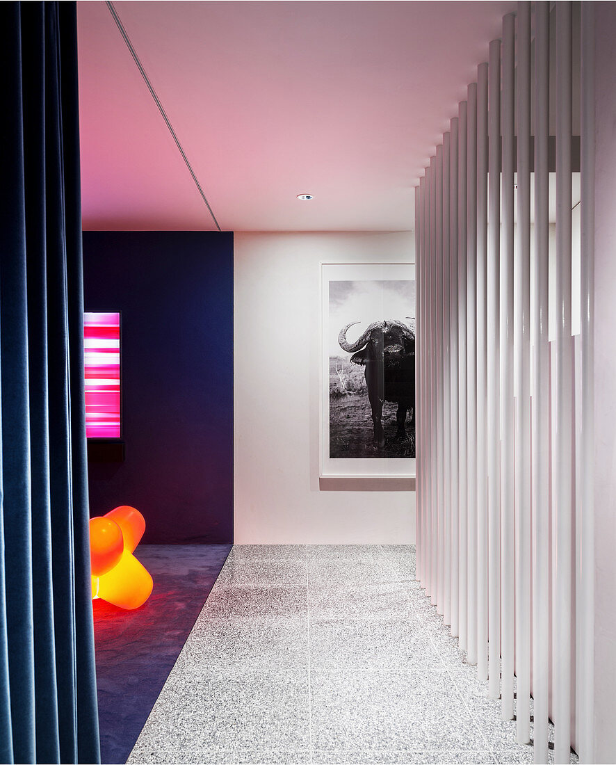 Hallway with terrazzo floor and large-format photography on the wall
