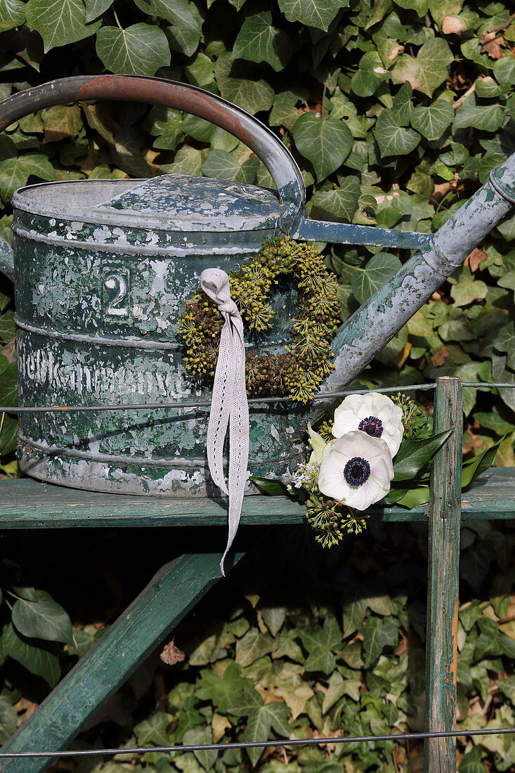 Anemones and heart-shaped wreath of ivy berries on old watering can
