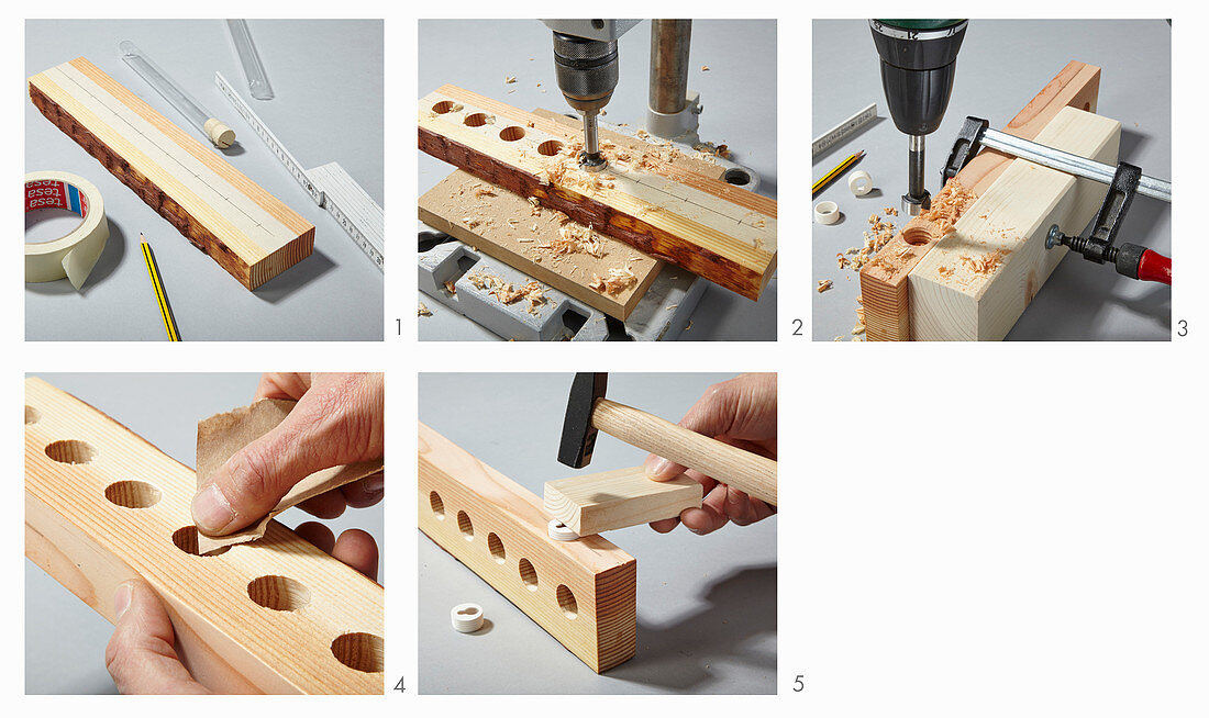 Instructions for making wooden wall-mounted rack for test tubes