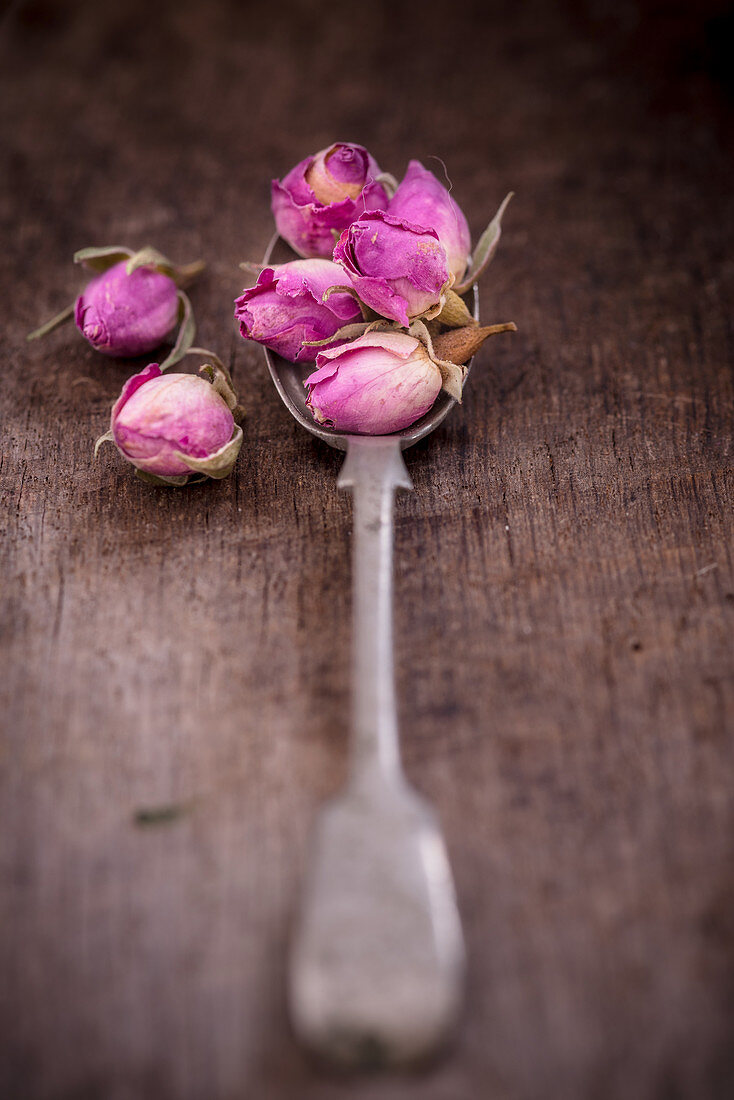 Dried rose buds on vintage spoon