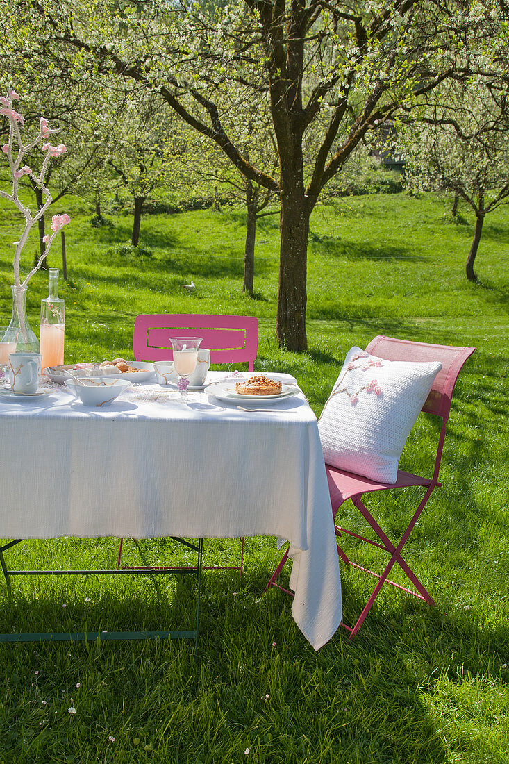 Gedeckter Tisch unter blühendem Kirschbaum im Garten