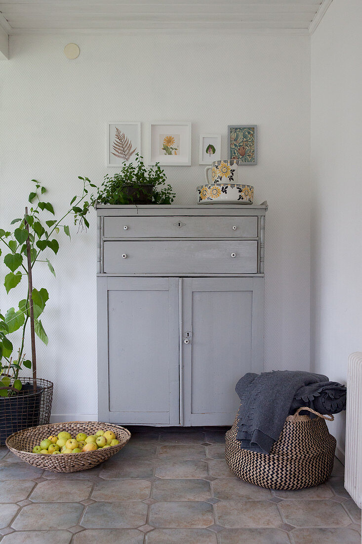 Grauer Schrank neben Zimmerpflanze, Korbschale mit Äpfel und Tasche im Vorraum