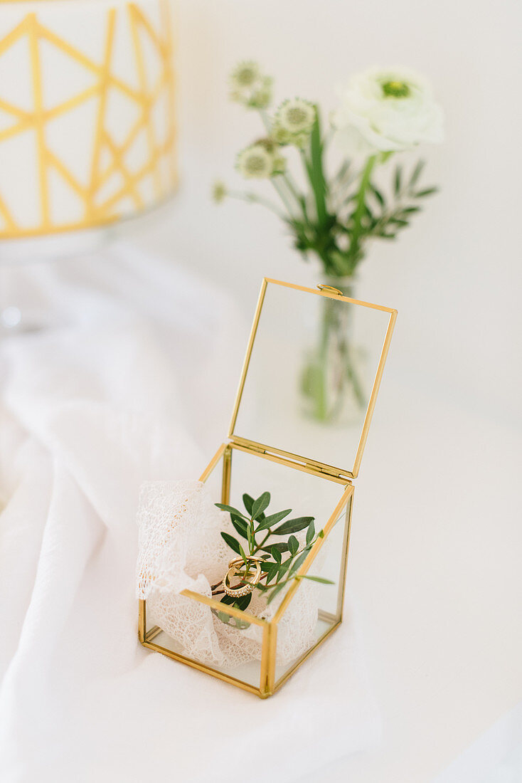 Wedding rings, sprig of leaves and lace doily in geometric glass box
