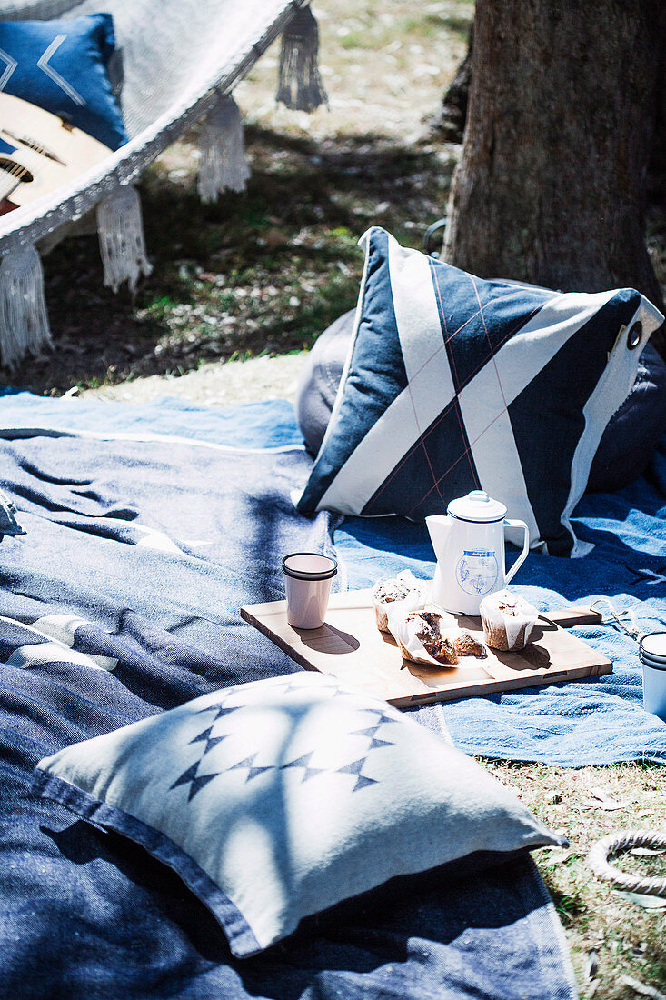 Picnic blanket with pillows under a tree