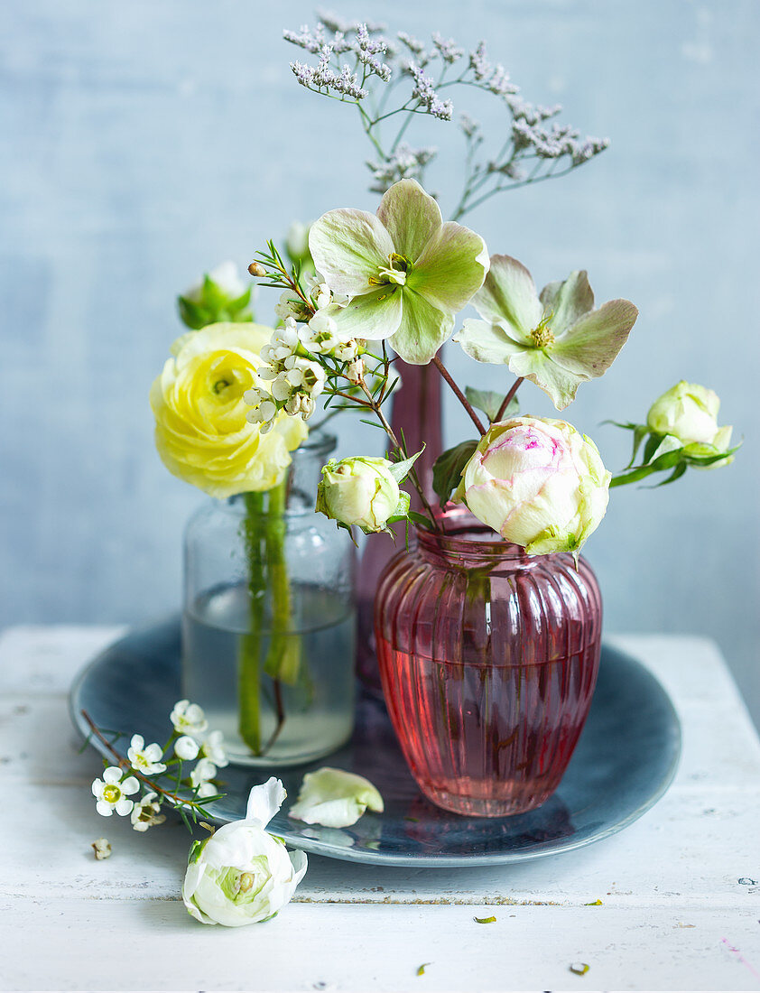 Various flowers in vases (ranunculus, hellebore)
