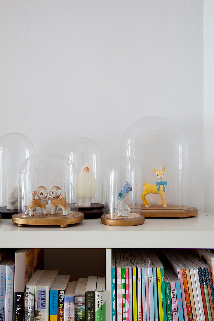 Figurines under glass covers on top of bookcase