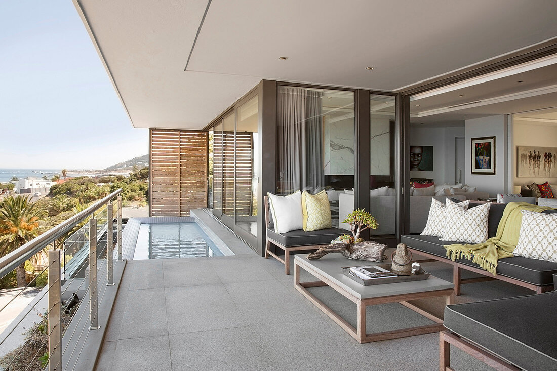 Pool on elegant balcony in shades of grey