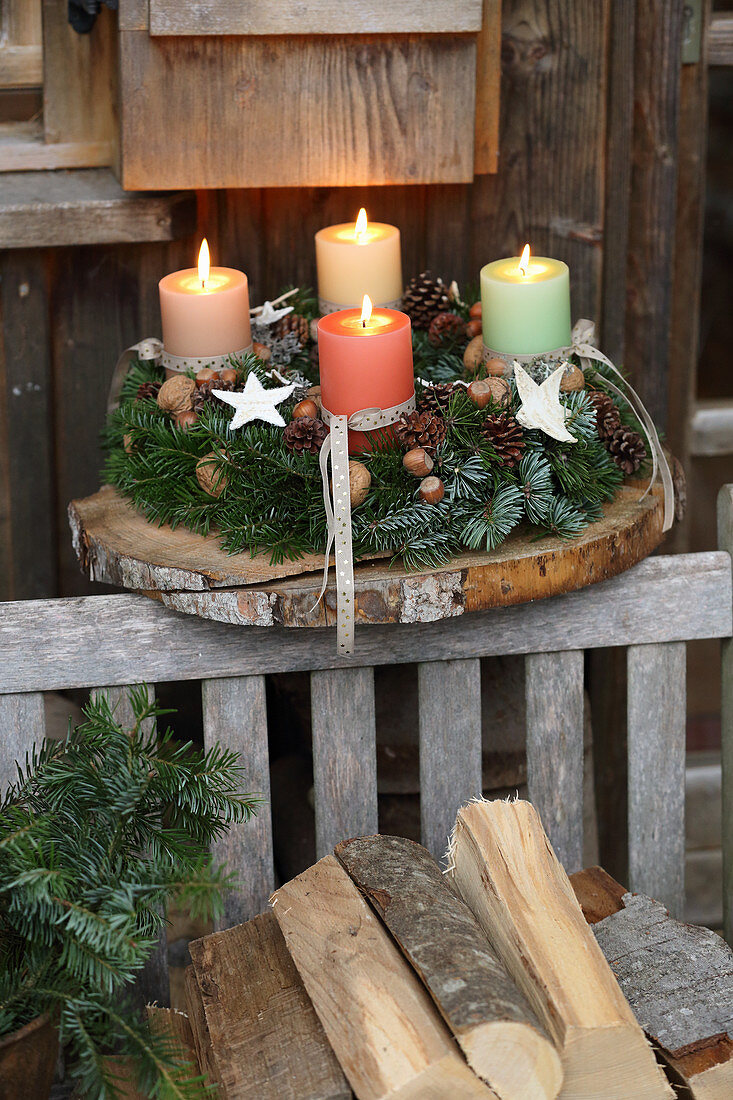 Rustic Advent arrangement on wooden board