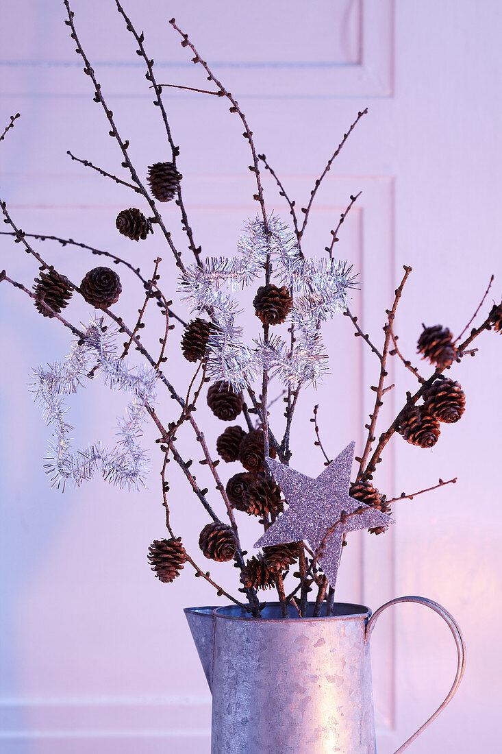 Christmas arrangement of branches of cones and silver star decorations