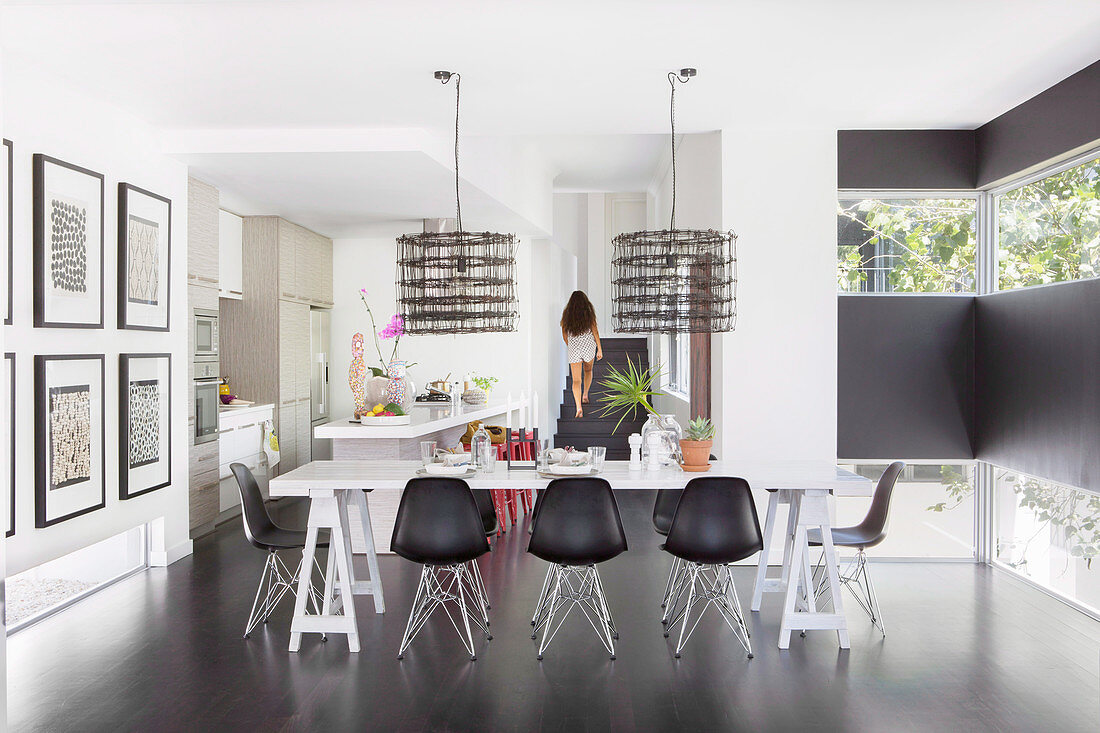Modern dining room in black and white