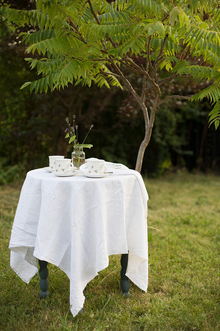 Kleiner Tisch mit Tischdecke und Kaffeeservice im Garten