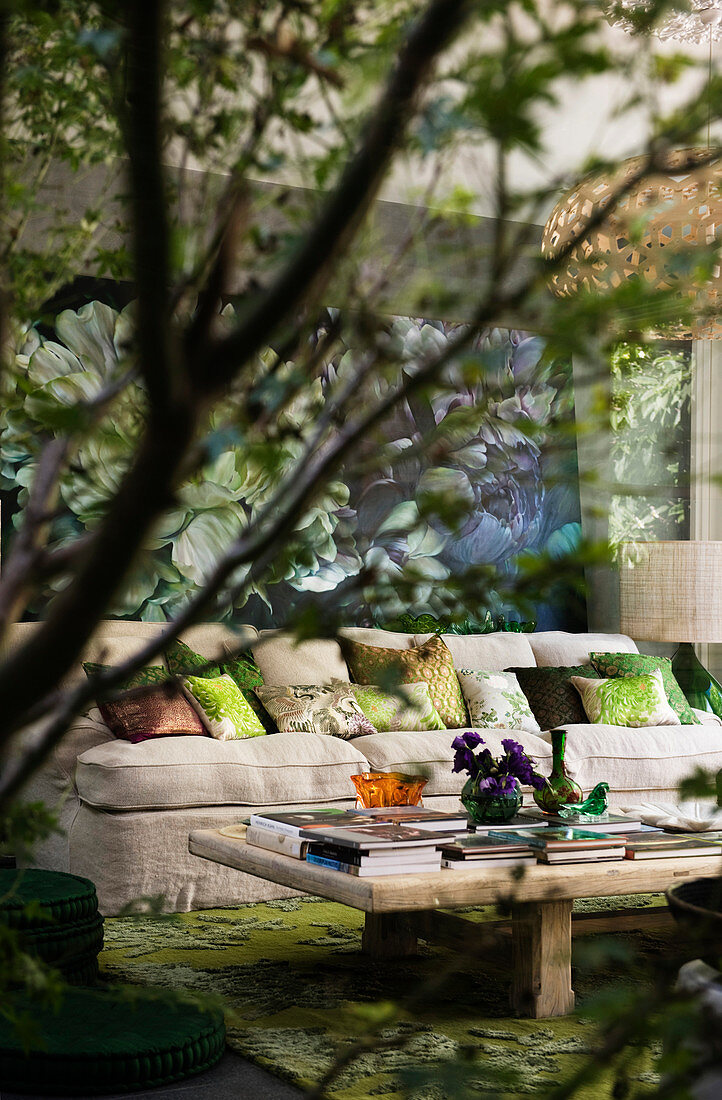 View of books on wooden table and sofa with scatter cushions