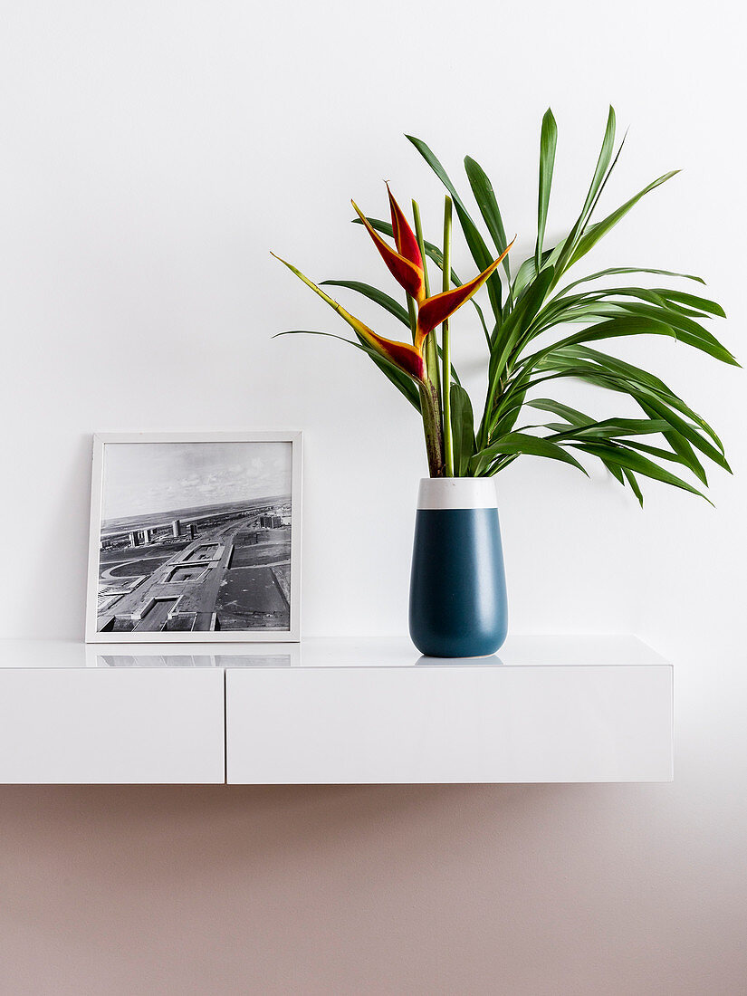 Bird of paradise flowers in vase and picture on floating shelves with integrated drawers