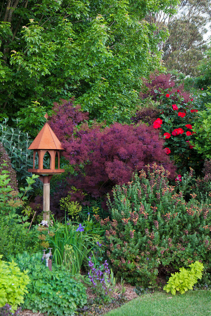 Bird feeder in a landscaped garden