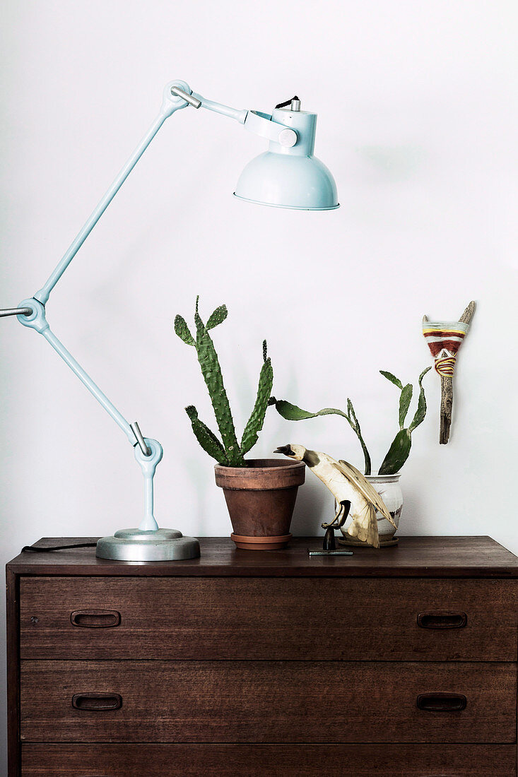 Articulated lamp, cactus and bird figure on a chest of drawers