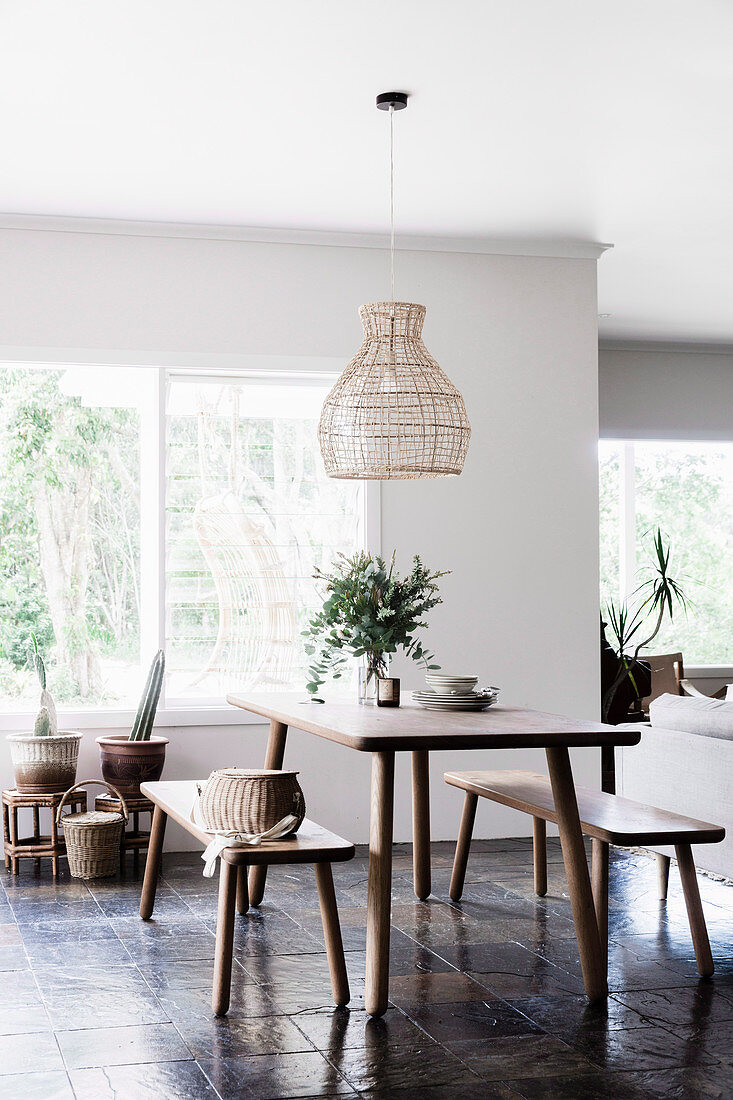 Minimalist wooden furniture in a natural, simple dining room