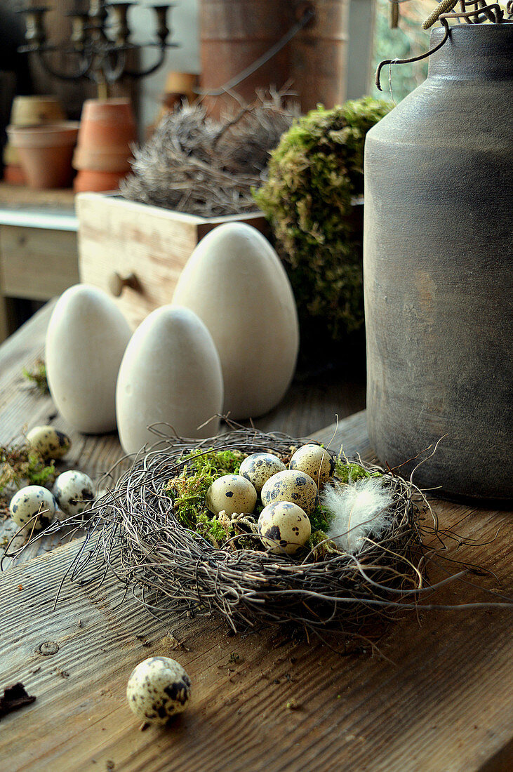 Easter Nest With Quail Eggs And Ceramic Eggs