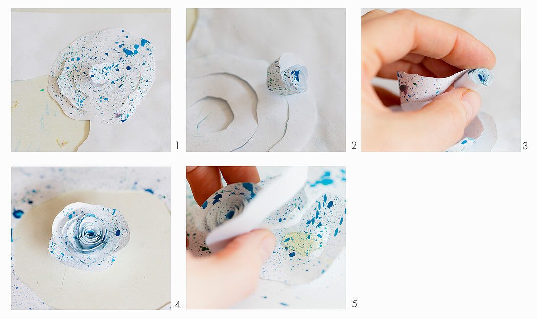 Instructions for making origami rose from speckled paper