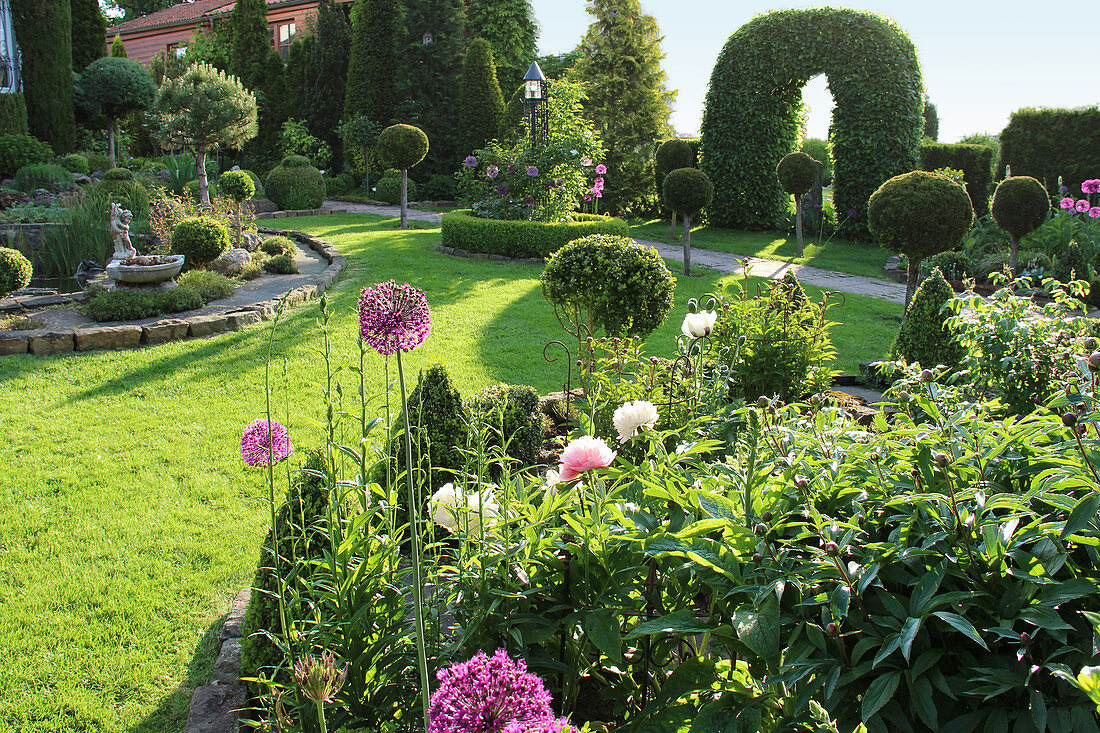 Formal garden with topiary trees and ornamental onion