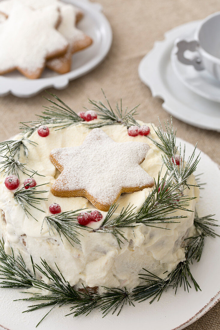 Cake festively decorated with star-shaped biscuit and conifer sprigs