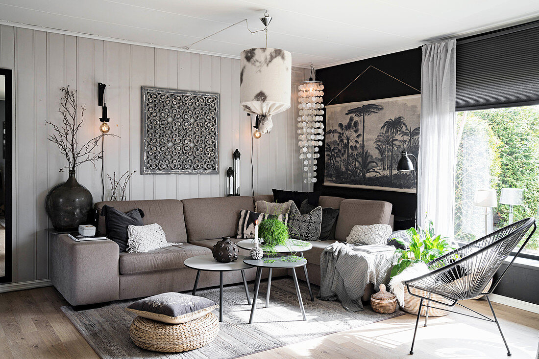 Bohemian-style living room in shades of grey