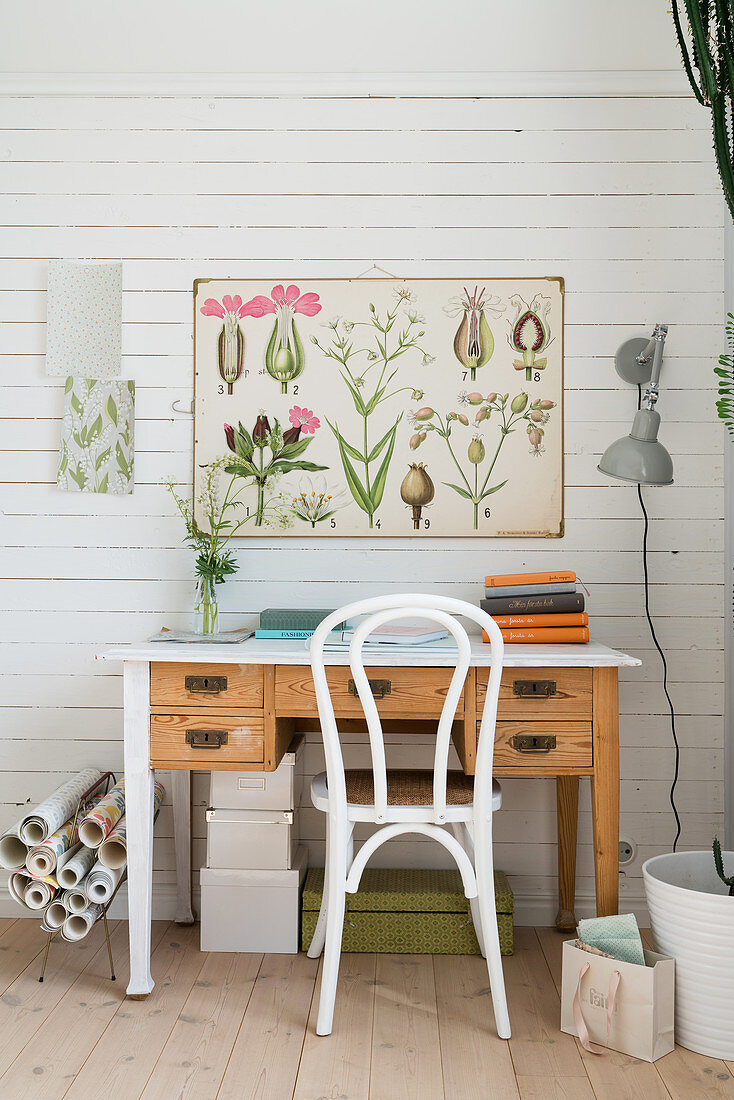 Holzschreibtisch mit Stuhl, botanische Tafel und Leuchte an weiß gestrichener Holzwand