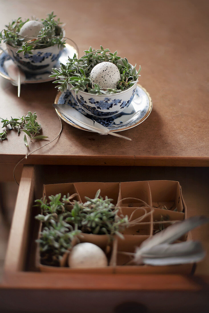 Osternest mit besprenkeltem Ei in blau-weißen Porzellantassen auf Tisch mit ausgezogener Schublade