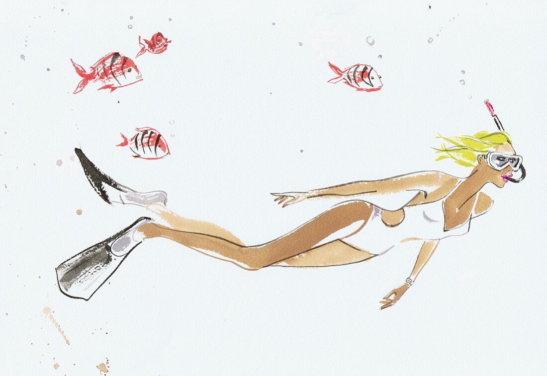 Junge Frau schnorchelt unter Wasser