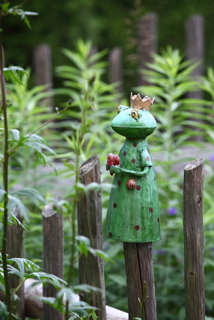 Ceramic frog prince on top of rustic paling fence