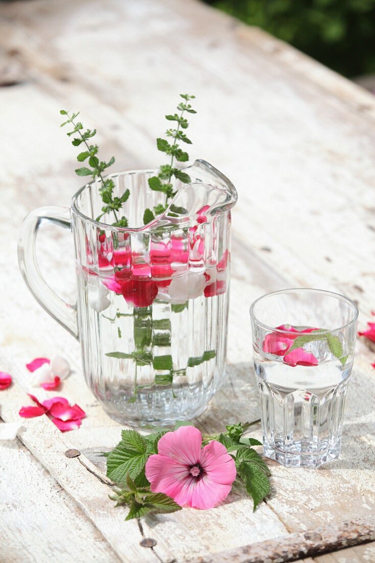 Glass jug and drinking glass of water flavoured with herbs and petals