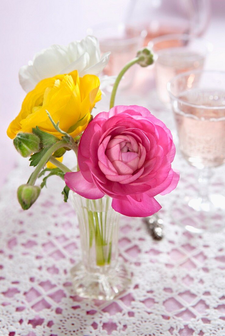 Rosafarbene, gelbe und weiße Ranunkeln in Vase auf Häkeldecke