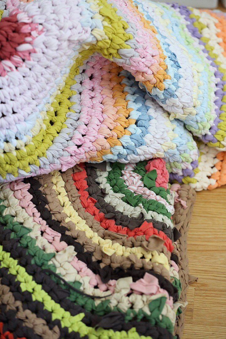 Crocheted rugs made from recycled T-shirt yarn