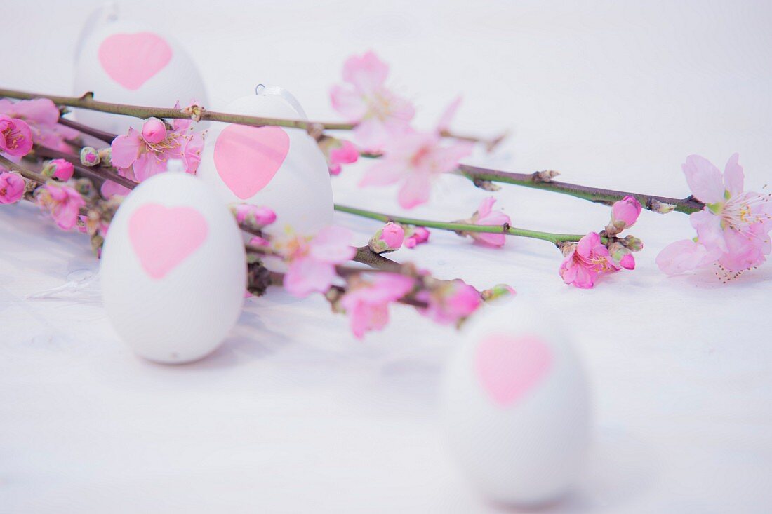 Rosafarbene Blütenzweige und weiße Eier mit Herz-Motiven