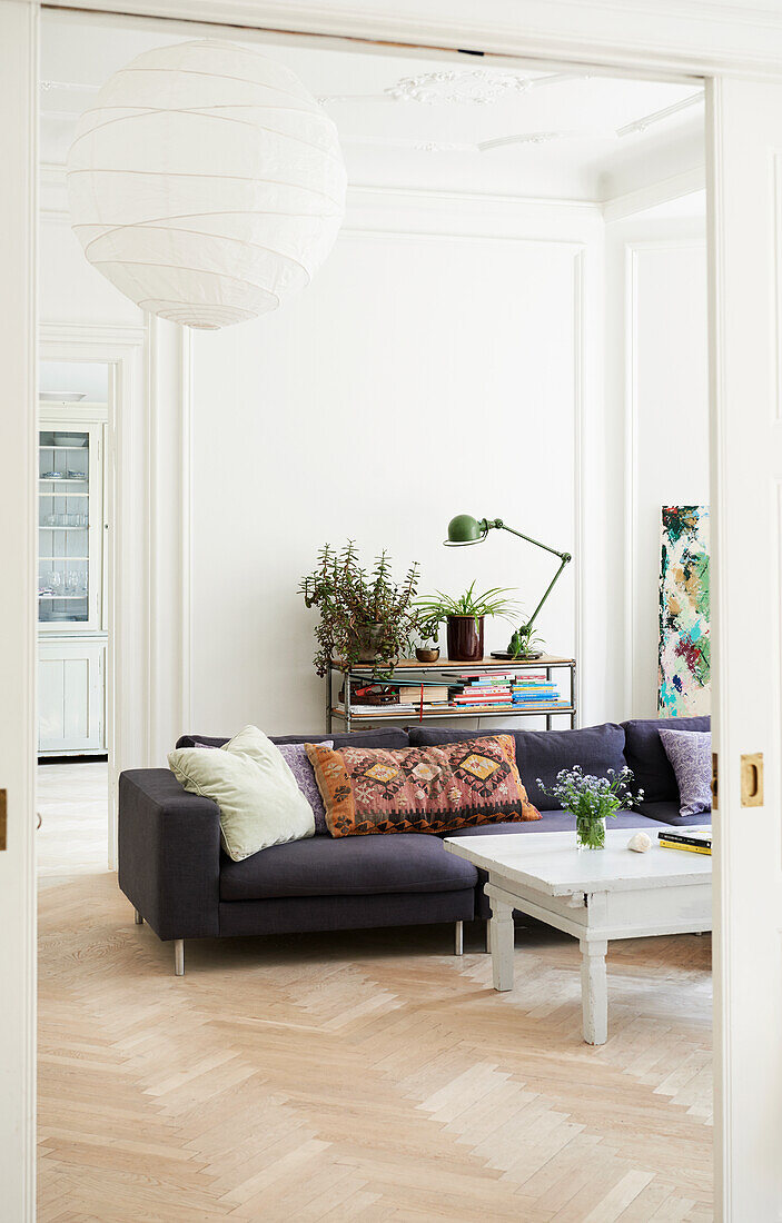 Brightly decorated living room with sofa and plants on a bookshelf